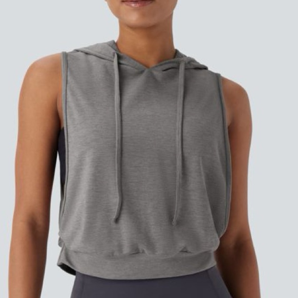 Halara - Hooded Drawstring Sleeveless Cropped Running Tank Top- Gray- Large -NWT